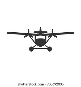 Black isolated silhouette of hydroplane on white background. Icon of front view of seaplane.