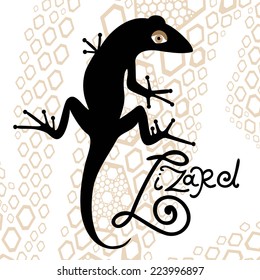 black isolated silhouette of a lizard on a decorative background