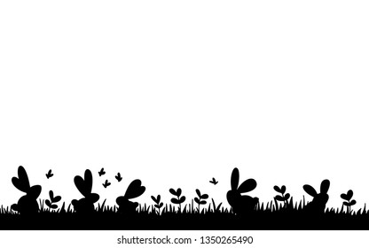 Black isolated silhouette of nature composition on the white background, vector element for a wall sticker, a book cover, banner, a package, a booklet, a greeting card and other, easter bunny
