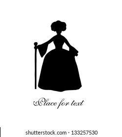 Black isolated silhouette of noble woman. Vintage woman contour. Rich woman in historical dress. Lady in Baroque taste. Aristocratic woman. Daguerreotype image