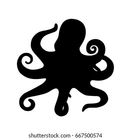 Black isolated silhouette of octopus on white background.