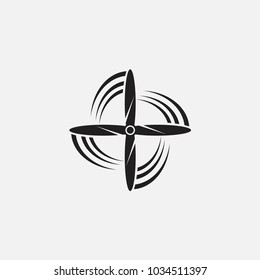 Black isolated silhouette of propeller of airplane on white background. Icon
