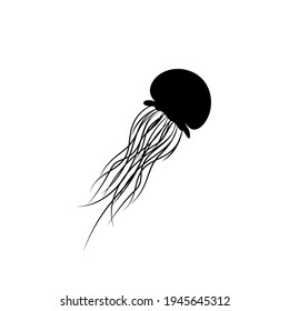 Black isolated silhouette of a sea jellyfish on a white background. Side view. Stock Vector Graphics EPS 10.