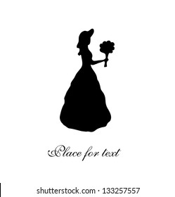 Black isolated silhouette of young girl. Vintage woman contour. Romantic woman in retro dress. Lady with bunch of flowers.  Aristocratic woman. Daguerreotype image