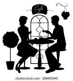 Black isolated silhouettes of boy and girl in cafe. Vector