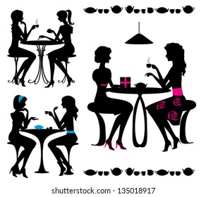 Black isolated silhouettes of girls in cafe. Vector