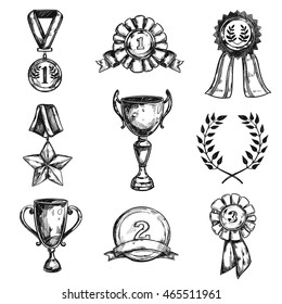 Black isolated sketch of different sizes medal design icon set on white background vector illustration