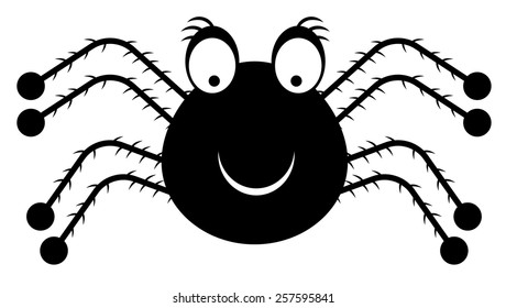 Black, isolated, smiling spider on white background