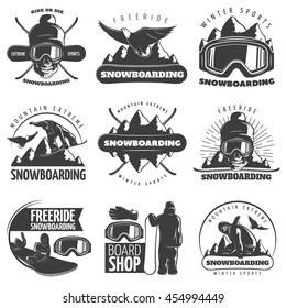 Black isolated snowboarding emblem set with titles ride or die free ride winter sports mountain extreme and board shop vector illustration