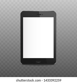 Black isolated tablet mockup with blank white screen, digital technology device with empty display for app interface or web advertisement, realistic 3D electronic gadget - vector illustration