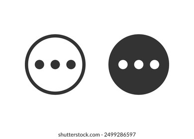 Black isolated three dots "menu more" button in 2 variations on white background. Vector icons in flat style