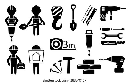 black isolated tools and builders silhouette  set