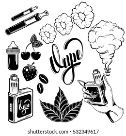 Black and isolated vape icon set with different flavors of vape and tools vector illustration