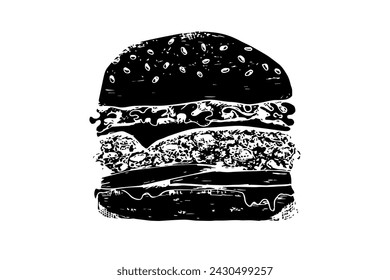 Black isolated vector textured linocut hamburger symbol. Detailed sketch block print American burger illustration for fast food restaurant or cafe menu, advertisement, banner, web design