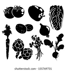 Black isolated vegetables silhouettes icons on white background, vector vegetarian set