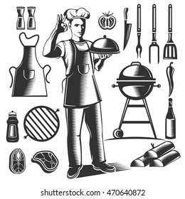 Black isolated vintage BBQ element set with chefs figure and his dishes vector illustration