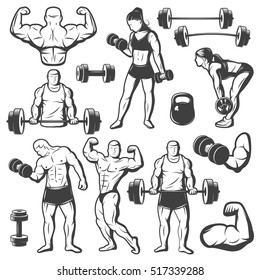 Black isolated vintage body building icon set with women and men doing sport exercises with barbell vector illustration