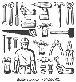 Black isolated vintage repair workshop icon set with tools and worker on white background vector illustration