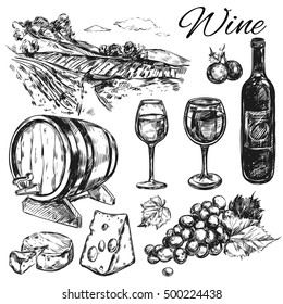 Black isolated wine vineyard icon set with bottle cheese wine barrels field vector illustration