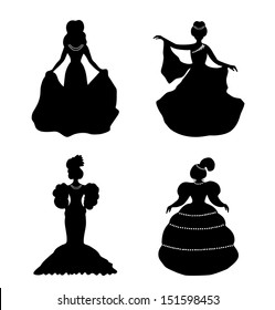 Black isolated women silhouettes. Vintage icons collection of retro women. Set of romantic women in modern dresses