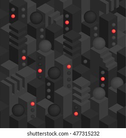 Black isometric city with red points. Vector illustration.
