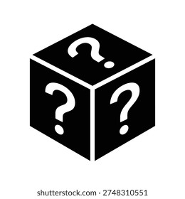 A black isometric cube displays multiple white question marks on each face