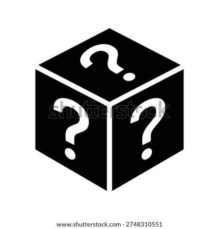 A black isometric cube displays multiple white question marks on each face