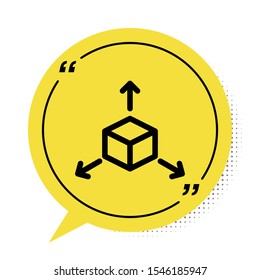 Black Isometric cube icon isolated on white background. Geometric cubes solid icon. 3D square sign. Box symbol. Yellow speech bubble symbol. Vector Illustration