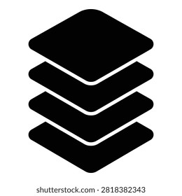 Black isometric icon of stacked layers on white background. Symbolizing database, data storage, architecture, and structural components.