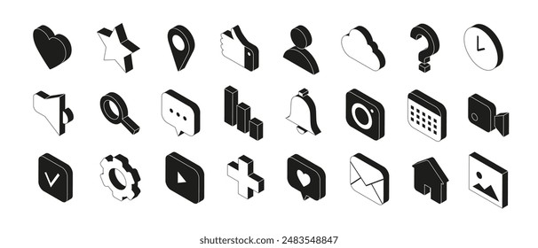 Black Isometric icons set. Vector monochrome symbols collection for web. Social media or application icons such as user, like, sound, location and more