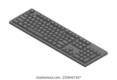 Black isometric keyboard with outline and letters and numpad in minimalistic volumetric style