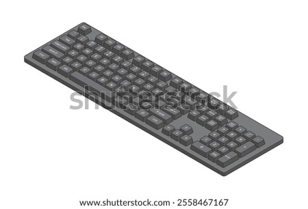 Black isometric keyboard with outline and letters and numpad in minimalistic volumetric style