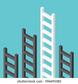 Black Isometric Ladders And A Unique White One Among Them. Career, Growth, Achievement And Competition Concept. Flat Design. No Transparency, No Gradients