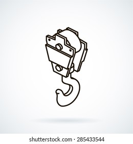 Black isometric line vector icon hoisting crane on white background.