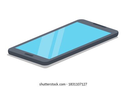 black isometric smartphone with blue screen color flat vector illustration isolated on white background.