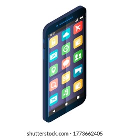 Black isometric smartphone isolated on background. Mobile phone with user interface on screen. Flat style icon. Vector illustration.