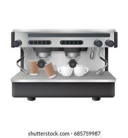 black italian stainless steel automatic commercial espresso cappuccino coffee maker steam frothing machine with white porcelain cups and paper cups isolated on white background. vector illustration