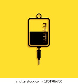 Black IV bag icon isolated on yellow background. Blood bag icon. Donate blood concept. The concept of treatment and therapy, chemotherapy. Long shadow style. Vector.