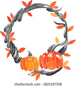 Black ivy with pumpkin wreath watercolor hand painting for decoration on Halloween festival.