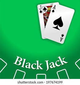 Black Jack and Ace of Spades playing cards on Blackjack game table copy-space