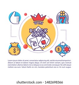 Black jack article page vector template. Blackjack. Card games. Casino jackpot. Gambling. Brochure, magazine, booklet design element with linear icons and text. Print design. Concept illustrations