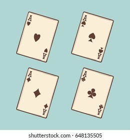 Black jack cards collection on blue background. Vector four aces vintage style