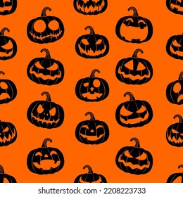 Black Jack O Lantern Pumpkins Isolated On Orange Background, Halloween Concept Seamless Pattern Background Illustration Vector.