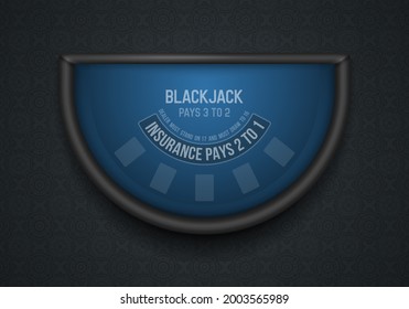 Black jack table with blue cloth on dark background. Vector illustration.