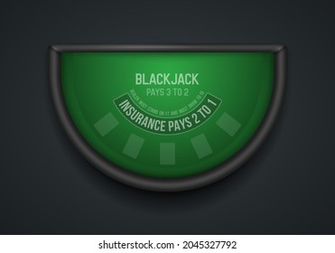 Black jack table with green cloth on dark background. Vector illustration.
