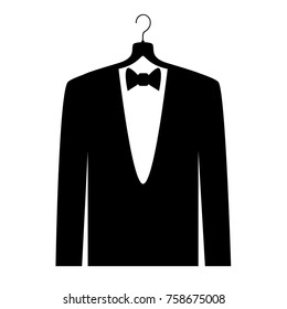 black jacket with a butterfly on a hanger, gentlemen design concept, vector silhouette of a man's evening suit on a hanger.