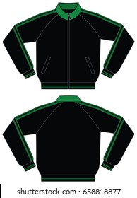 Black Jacket Design With Double Green Lines On Sleeves.Front And Back Views.