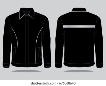 Black Jacket Design Vector With Gray Reflective Tap At Back And Gray Lines Piping.