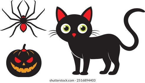 Black jack-o-lantern cat spider for Halloween vector illustration on white background.