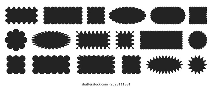 Formas geométricas pretas irregulares. Quadros retangulares, quadrados, redondos e ovais com bordas onduladas. Elementos retangulares de caixa curva, adesivos serrilhados com ziguezague borda. Rótulos ondulados, emblemas ondulados